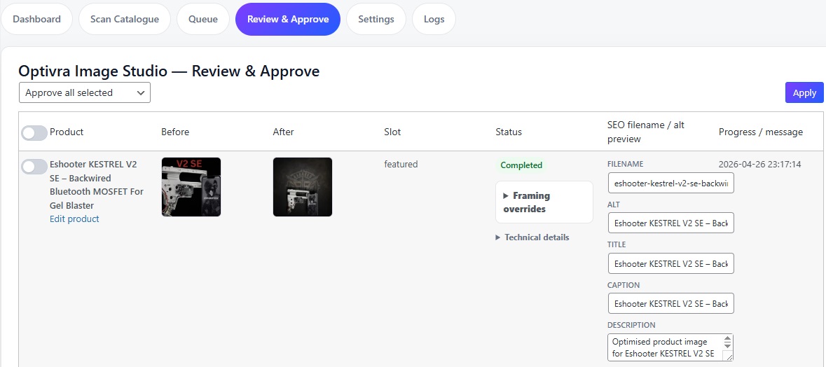 Background preview and upload control in Optivra Image Studio settings.