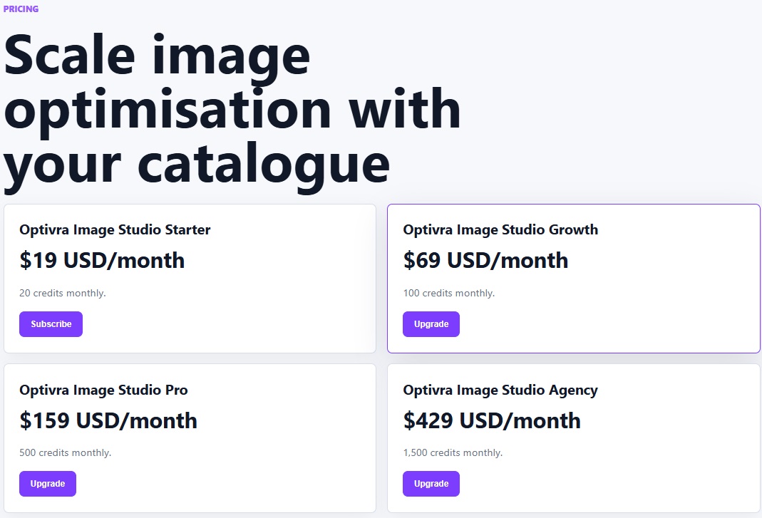 Optivra billing screen showing subscription plan cards and monthly credit allowances.