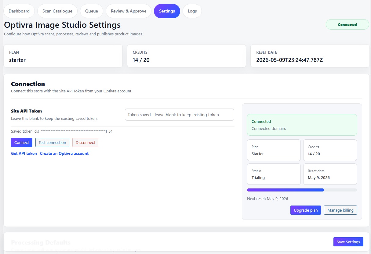 Optivra Image Studio settings screen showing connection status, saved Site API Token, plan, credits, and reset date.