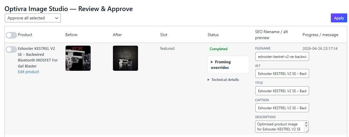Optivra Image Studio queue and review workflow showing before and after image previews and SEO metadata fields.