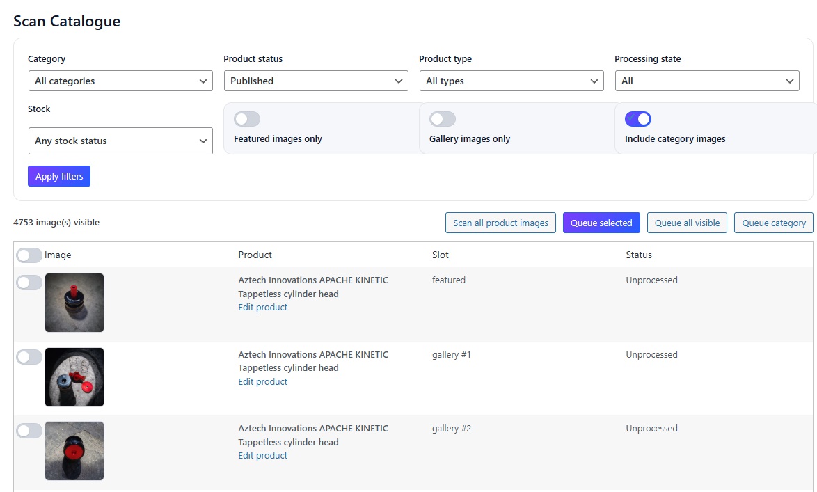 Scan Catalogue screen with product filters, image slot toggles, and discovered product images.