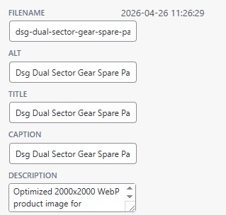SEO metadata fields for filename, alt text, title, caption, and description.
